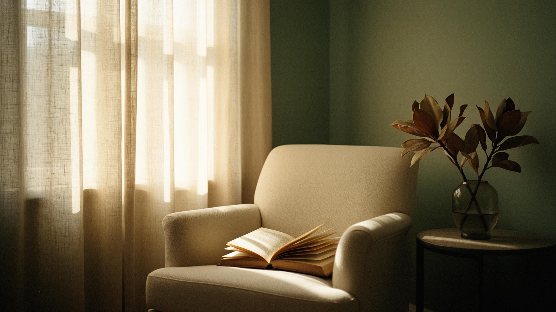 A softly lit reading nook with a cream armchair, an open book, and magnolia branches by a sunlit window